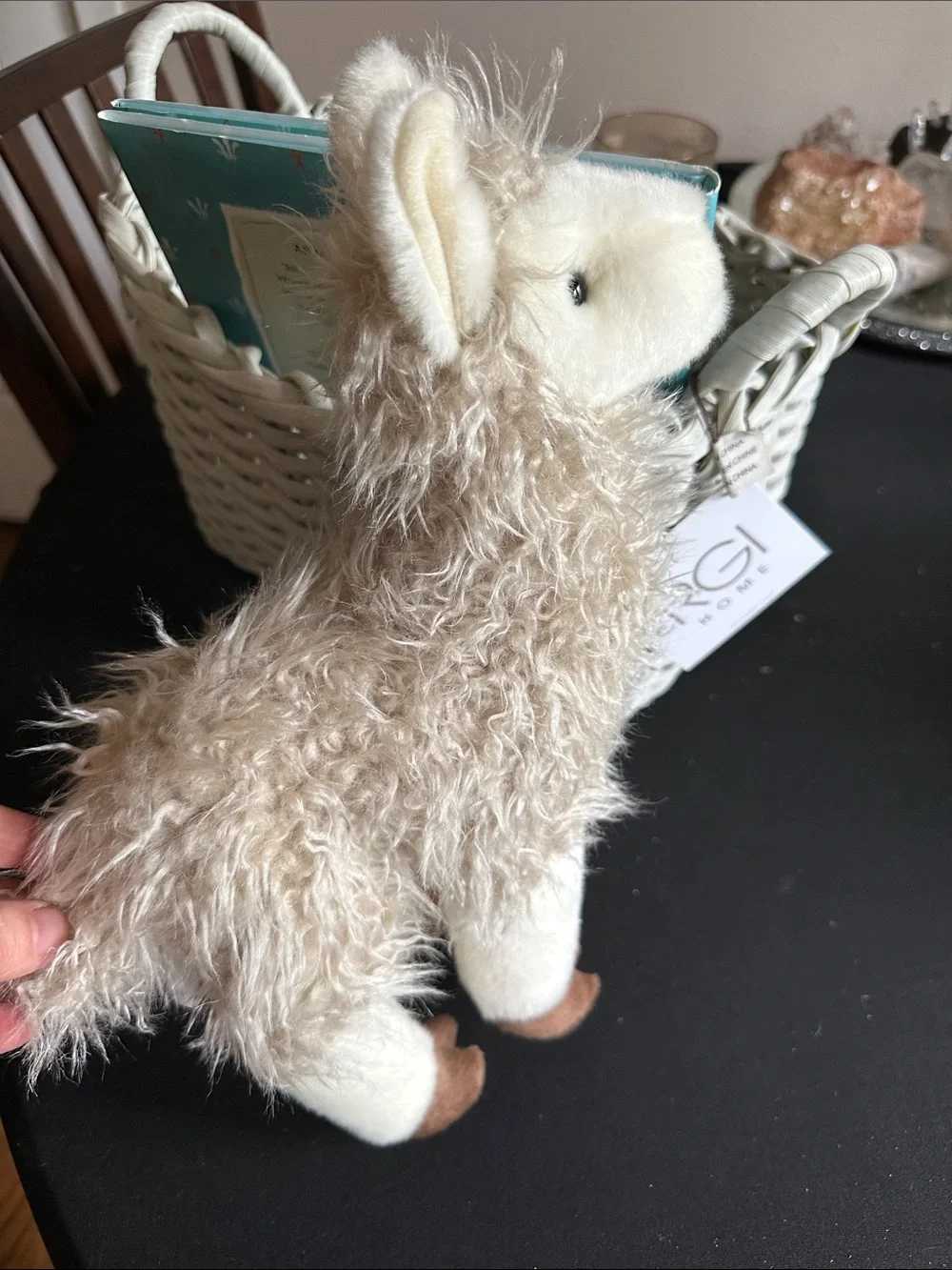 Wicker 'Baby' Storage Basket with Handles. Book and stuffed llama included